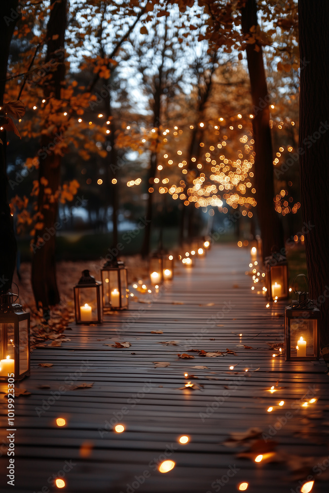 Cozy autumn pathway softly illuminated by glowing lanterns in forest. Cozy autumn pathway softly illuminated by glowing lanterns in forest.