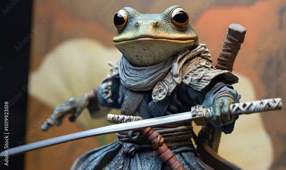 A frog figurine dressed as a samurai with a katana. A frog figurine dressed as a samurai with a katana.