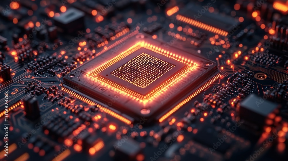 Close-up of a glowing microprocessor on a circuit board. Close-up of a glowing microprocessor on a circuit board.