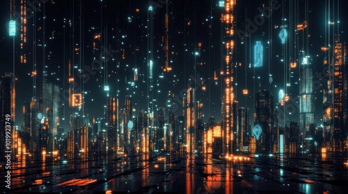 Futuristic Cityscape with Digital Rain