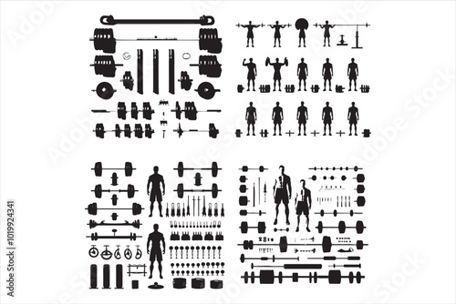 Set of illustrations of weightlifting barbells and dumbbells' . Design element for logo, label, sign, emblem, banner. Vector illustration