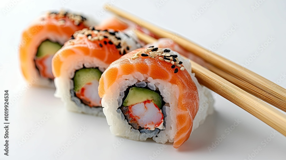 Salmon Sushi Rolls with Sesame Seeds and Chopsticks Salmon Sushi Rolls with Sesame Seeds and Chopsticks