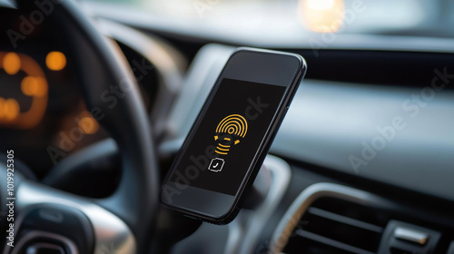 A smartphone icon controls a car's security system wirelessly. The icon shows the car's protection level, giving the owner peace of mind.