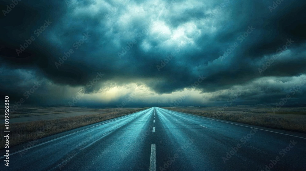Thunderclouds forming over an empty highway, with dark skies ahead and clear skies behind. Thunderclouds forming over an empty highway, with dark skies ahead and clear skies behind.
