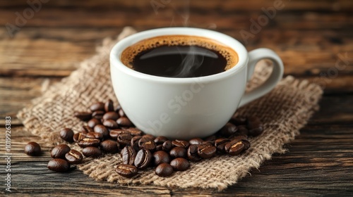 A white cup of steaming coffee on a burlap sack, surrounded by roasted coffee beans, sitting on a rustic wooden table.