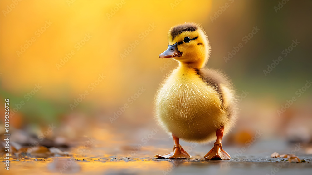 Cute duckling stands on path surrounded by autumn leaves, showcasing its fluffy yellow feathers and bright eyes. warm background adds cheerful atmosphere to scene Cute duckling stands on path surrounded by autumn leaves, showcasing its fluffy yellow feathers and bright eyes. warm background adds cheerful atmosphere to scene