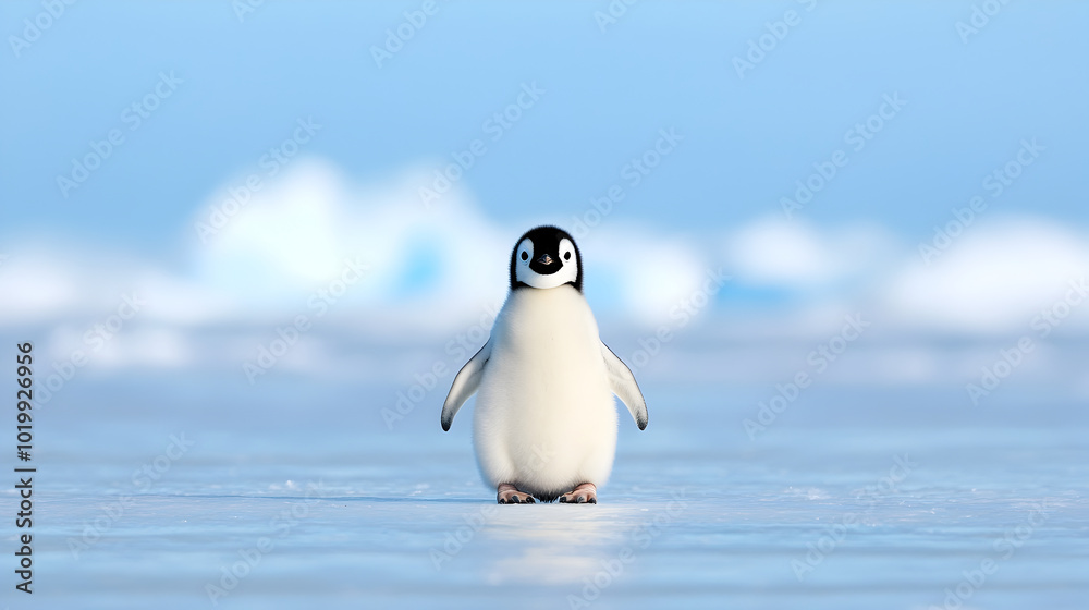 Obraz premium Cute emperor penguin chick stands on icy surface, surrounded by serene blue landscape. Its fluffy feathers and curious expression evoke sense of wonder and innocence