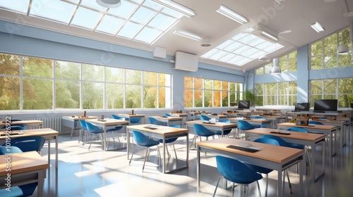 A bright, sunlit classroom awaits eager students, its neat desks creating an inviting learning atmosphere.