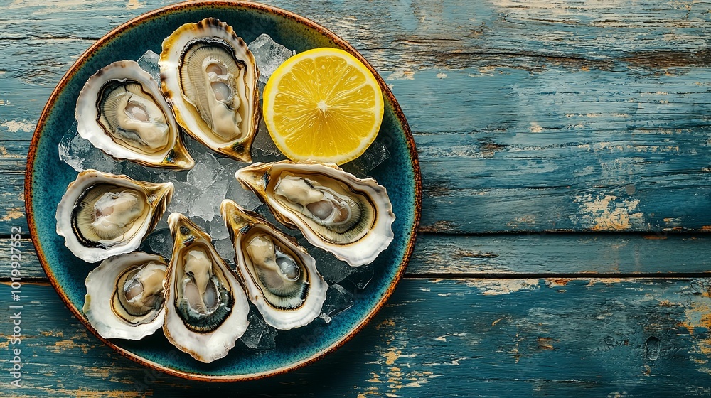 Fresh Oysters on Ice in a Blue Bowl with a Lemon Wedge Fresh Oysters on Ice in a Blue Bowl with a Lemon Wedge