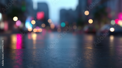 A mesmerizing view of a wet street captured at dusk, featuring colorful bokeh lights and a dreamy atmosphere of a city.