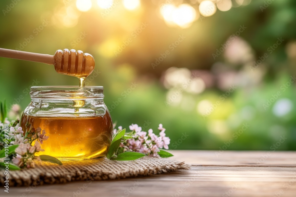 Sweet Honey in Jar with Dripping Dipper and Blossoms
