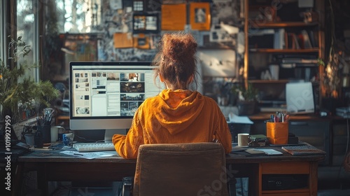 Person working at a desk with a computer in a creative workspace.