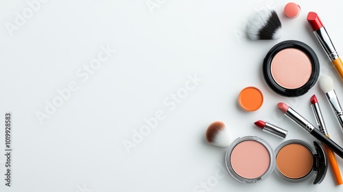 Makeup Brushes and Powder Compact on White Background