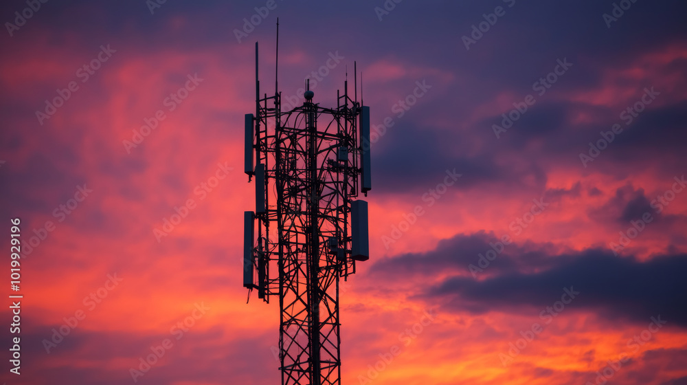 A city's high-speed internet network uses a tower to send data quickly. The tower broadcasts wireless signals for fast 5G internet access. A city's high-speed internet network uses a tower to send data quickly. The tower broadcasts wireless signals for fast 5G internet access.