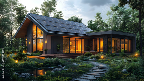 Modern House with Solar Panels in the Woods 3D Illustration