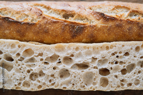 Close-up of artisan bread with open crumb structure photo