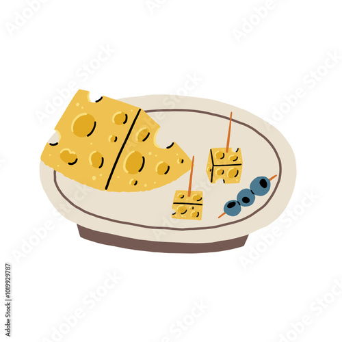 Cheese Triangle and Cubes Canapes Wooden Stick on Plate. Food Vector Illustration in Hand Drawn Style on White Isolated Background