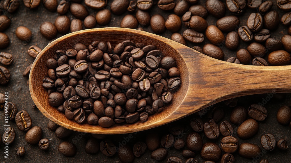 Fototapeta premium Wooden Spoon with Coffee Beans on Dark Background. Close Up of a wooden spoon filled with rich coffee beans on a dark background, highlighting the natural textures and ingredients for a perfect brew.
