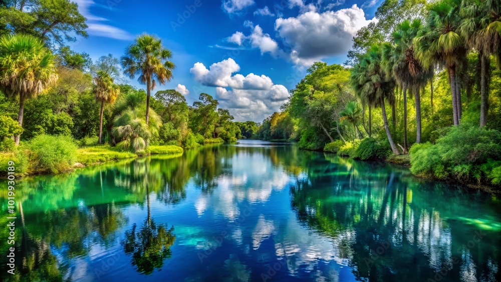 Serene Florida Landscape with Lush Greenery, Clear Blue Sky, and Tranquil Water Reflections Serene Florida Landscape with Lush Greenery, Clear Blue Sky, and Tranquil Water Reflections