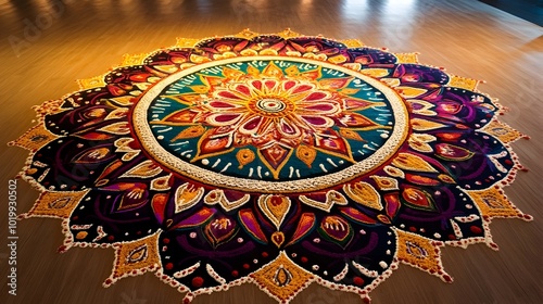 Ornate and Elaborate Rangoli Pattern with Floral Elements and Geometric Shapes in Warm and Cozy Home Interior photo