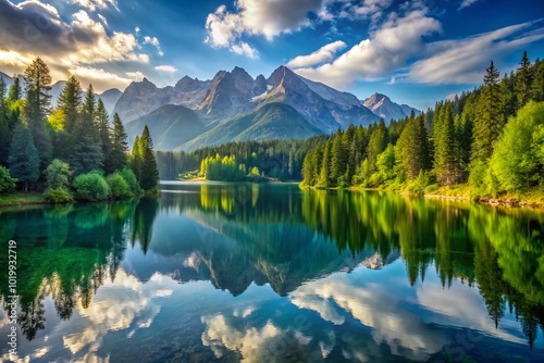 Serene Landscape of a Calm Lake Surrounded by Lush Green Forest and Majestic Mountains in Background