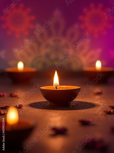 Clay Diya lamps lit during Diwali Festival celebration, Happy Diwali