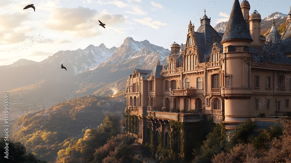 Fototapeta premium Airborne Neoclassical Manor with Intricate Latticework and Radiant Gemstone Details Overlooking Picturesque Mountain Vista