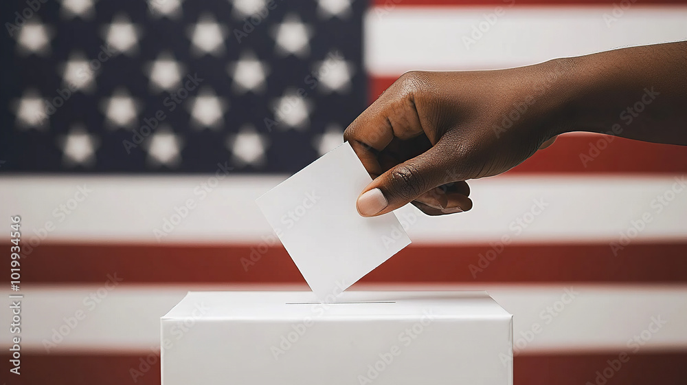 With an American flag in the background, one hand holds a ballot and a ballot box With an American flag in the background, one hand holds a ballot and a ballot box