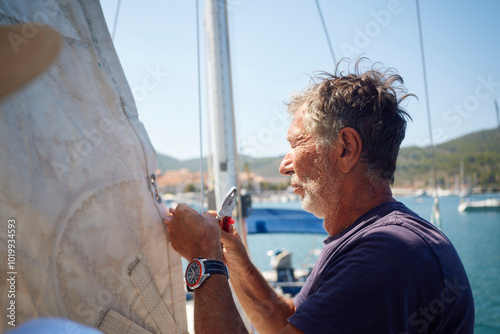 Man fixes the sail on a boat photo