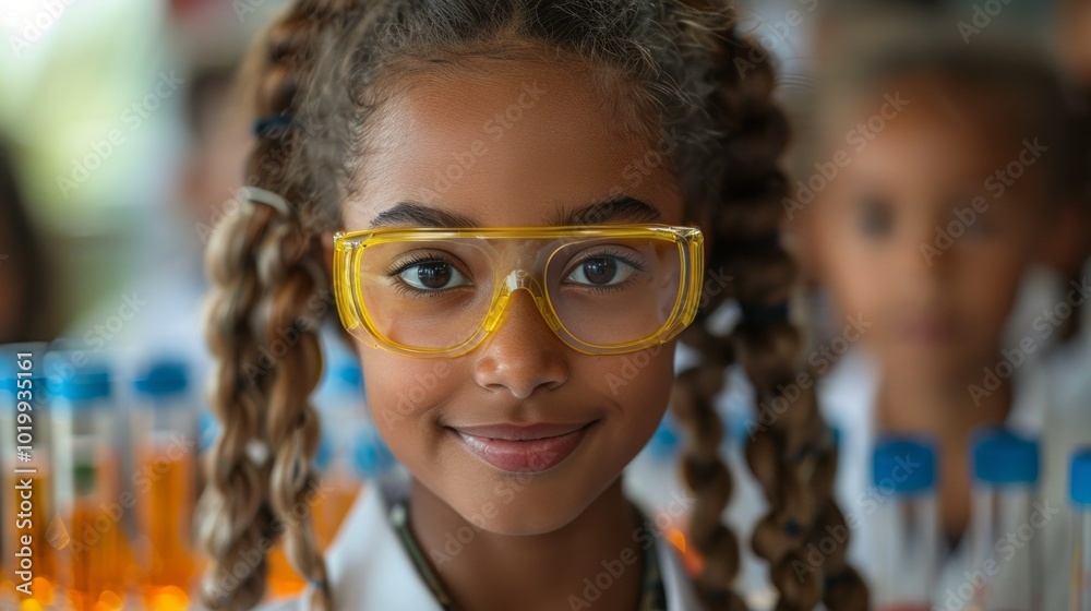 A young girl wearing yellow safety glasses is smiling at the camera A young girl wearing yellow safety glasses is smiling at the camera