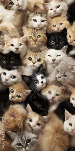 Group of mixed-breed cats closely gathered together.