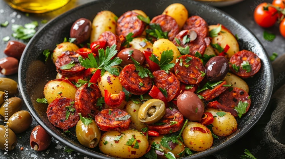 Spanish potato salad with chorizo, olives, and honey mustard dressing in a black bowl Spanish potato salad with chorizo, olives, and honey mustard dressing in a black bowl