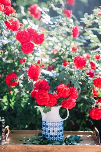 Red roses beautifully arranged in a blue patterned jug photo