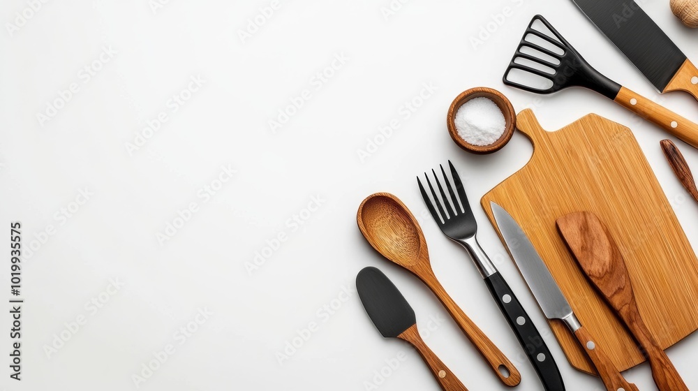 Fototapeta premium Kitchen Utensil Flat Lay with Cutting Board and White Background