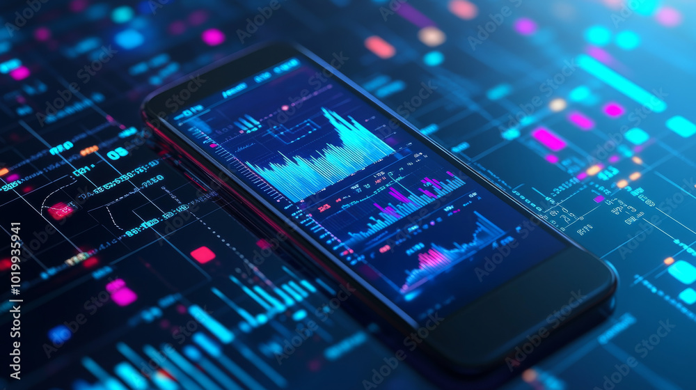 A phone displaying graphs and data shows how businesses can use smartphones to analyze trends and plan financial strategies. A phone displaying graphs and data shows how businesses can use smartphones to analyze trends and plan financial strategies.