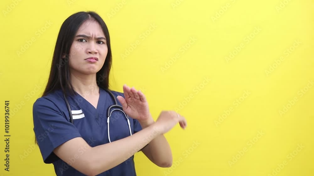 Displeased disgusted young asian doctor woman showing thumb down stop gesture with crossed hands say no to sideways