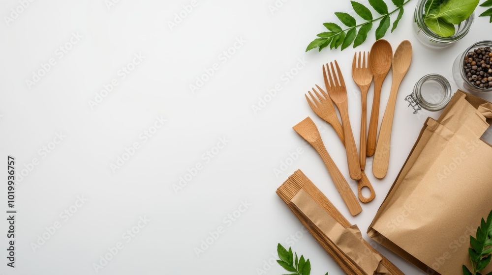 Eco Friendly Utensils and Paper Bag on White Background Eco Friendly Utensils and Paper Bag on White Background