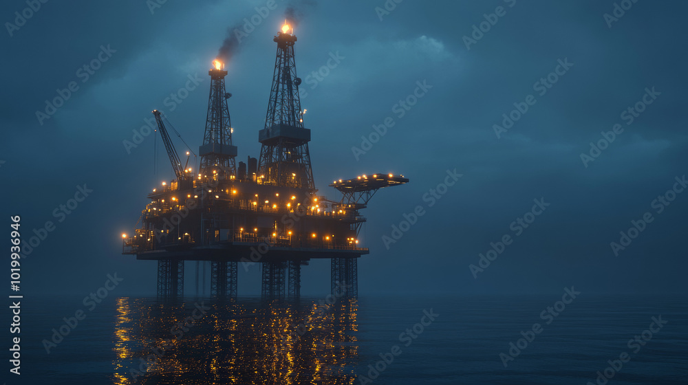 Oil drilling platform stands in the ocean at sunrise.Scene is beautiful,with the rig lit by lanterns and spotlights.Both above and below the water surface,showcasing a classic drilling platform design Oil drilling platform stands in the ocean at sunrise.Scene is beautiful,with the rig lit by lanterns and spotlights.Both above and below the water surface,showcasing a classic drilling platform design