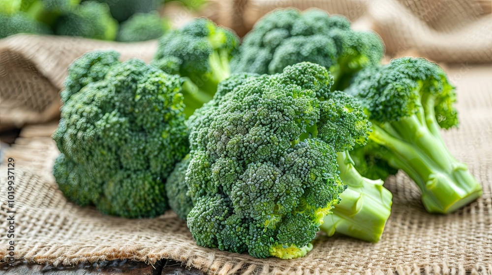 Fresh Broccoli Florets on Rustic Burlap Background Fresh Broccoli Florets on Rustic Burlap Background