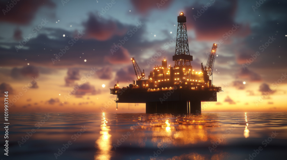 Oil drilling platform stands in the ocean at sunrise.Scene is beautiful,with the rig lit by lanterns and spotlights.Both above and below the water surface,showcasing a classic drilling platform design Oil drilling platform stands in the ocean at sunrise.Scene is beautiful,with the rig lit by lanterns and spotlights.Both above and below the water surface,showcasing a classic drilling platform design