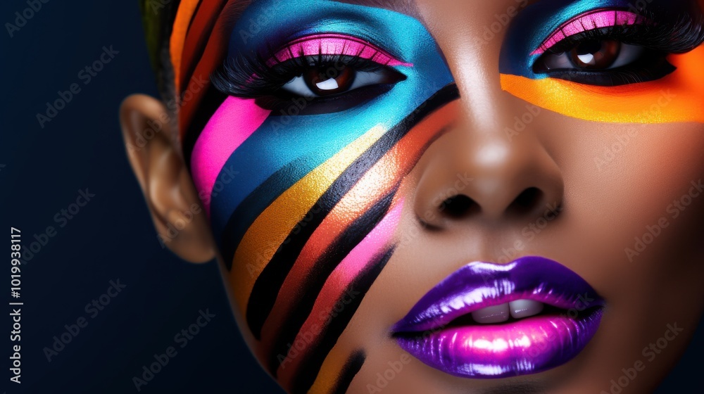 Close-up of a person adorned with vivid, bold face paint, reflecting creativity, self-expression, and vibrant personality in striking colors. Close-up of a person adorned with vivid, bold face paint, reflecting creativity, self-expression, and vibrant personality in striking colors.