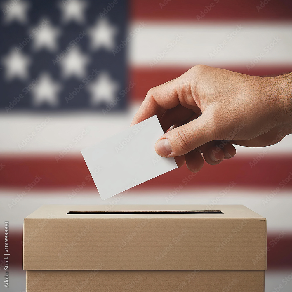 With an American flag in the background, one hand holds a ballot and a ballot box With an American flag in the background, one hand holds a ballot and a ballot box