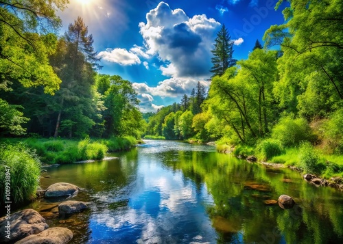 Serene River Flowing Through Lush Green Forest Under Bright Blue Sky on a Sunny Day in Nature