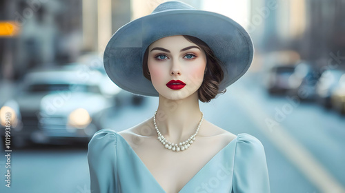 A woman in a 1950s-inspired dress, walking down a street with vintage cars, wearing classic red lipstick and a wide-brimmed hat