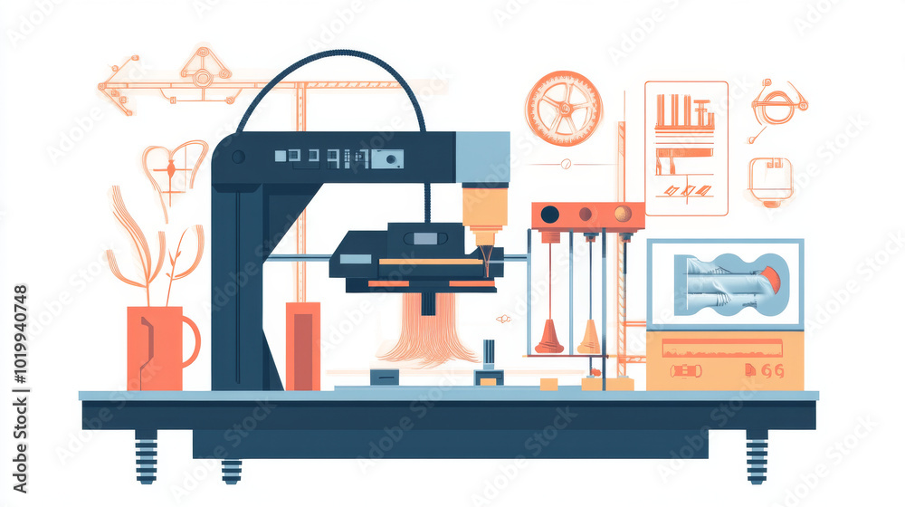 A 3D printer creates a model using plastic filament. This is a common way to make prototypes for engineering projects. The image shows the process as a vector illustration on a white background. A 3D printer creates a model using plastic filament. This is a common way to make prototypes for engineering projects. The image shows the process as a vector illustration on a white background.