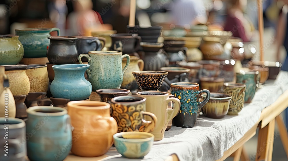 A Collection of Ceramic Pottery and Mugs Displayed on a Wooden Table A Collection of Ceramic Pottery and Mugs Displayed on a Wooden Table