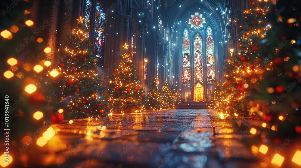 A beautifully lit church with stained glass windows creates a stunning religious Christmas background, evoking a sense of spirituality. A beautifully lit church with stained glass windows creates a stunning religious Christmas background, evoking a sense of spirituality.