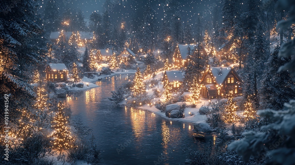 Fototapeta premium A cozy elf village illuminated by twinkling lights creates a magical and inviting atmosphere on a winter night.