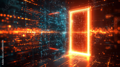 A glowing door opens into a digital world. It's a gateway to a virtual universe, where data flows like a river and reality bends to your imagination.