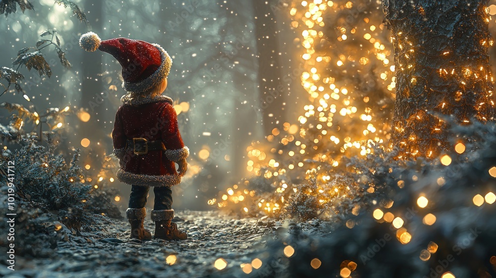 Fototapeta premium A magical elf creates a festive light display in a winter forest, adding a touch of enchantment to the Christmas season.
